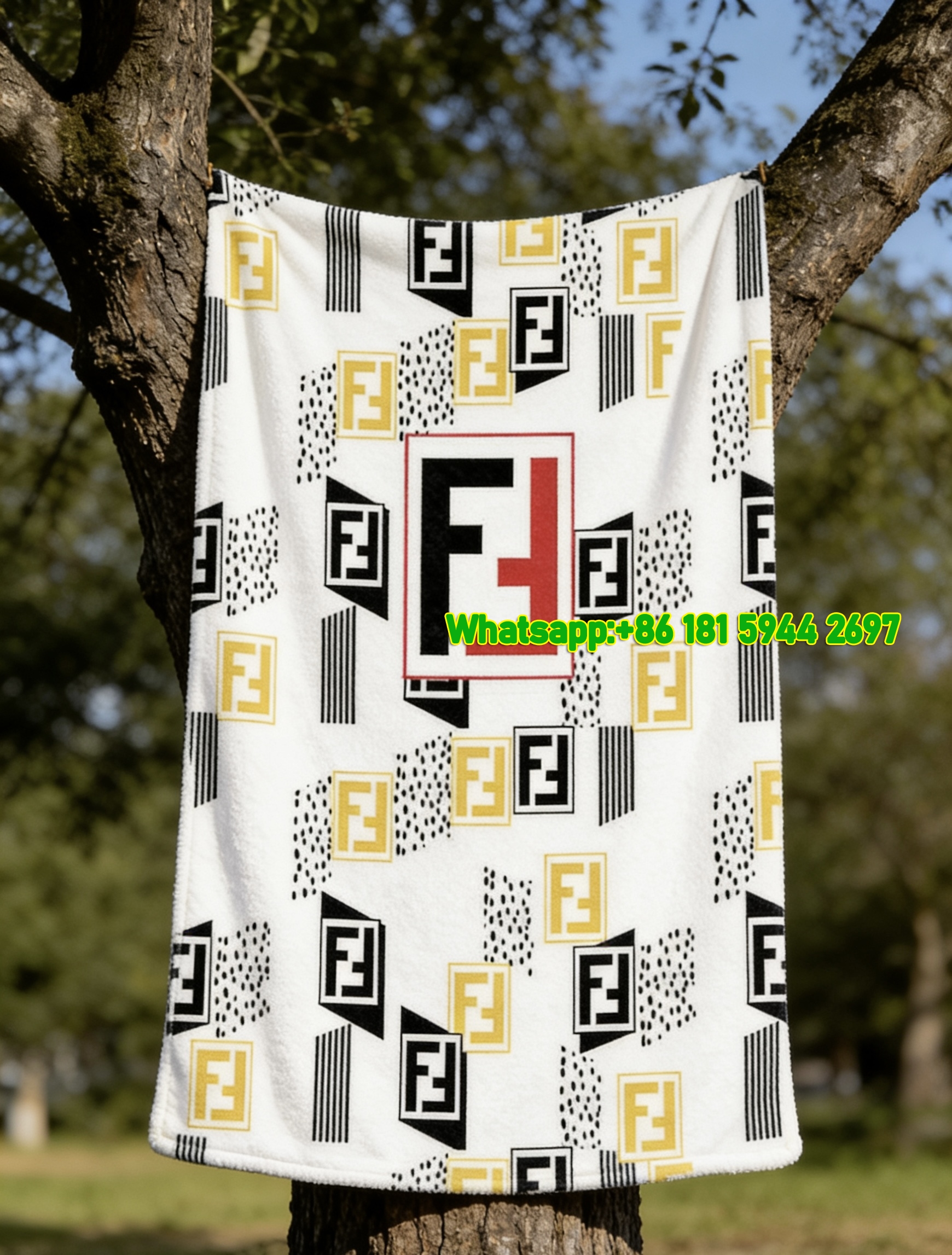 Fendi Geometric Red Accent FF Monogram Flannel Sofa Throw Blanket IMG_9467